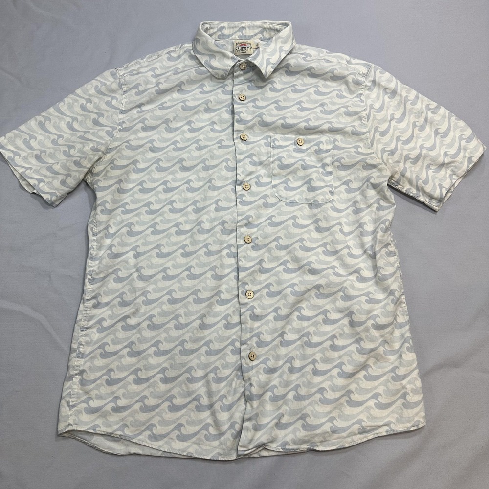 Faherty Shirt Mens M Blue Wave Playa AOP Casual Summer Ocean Collared